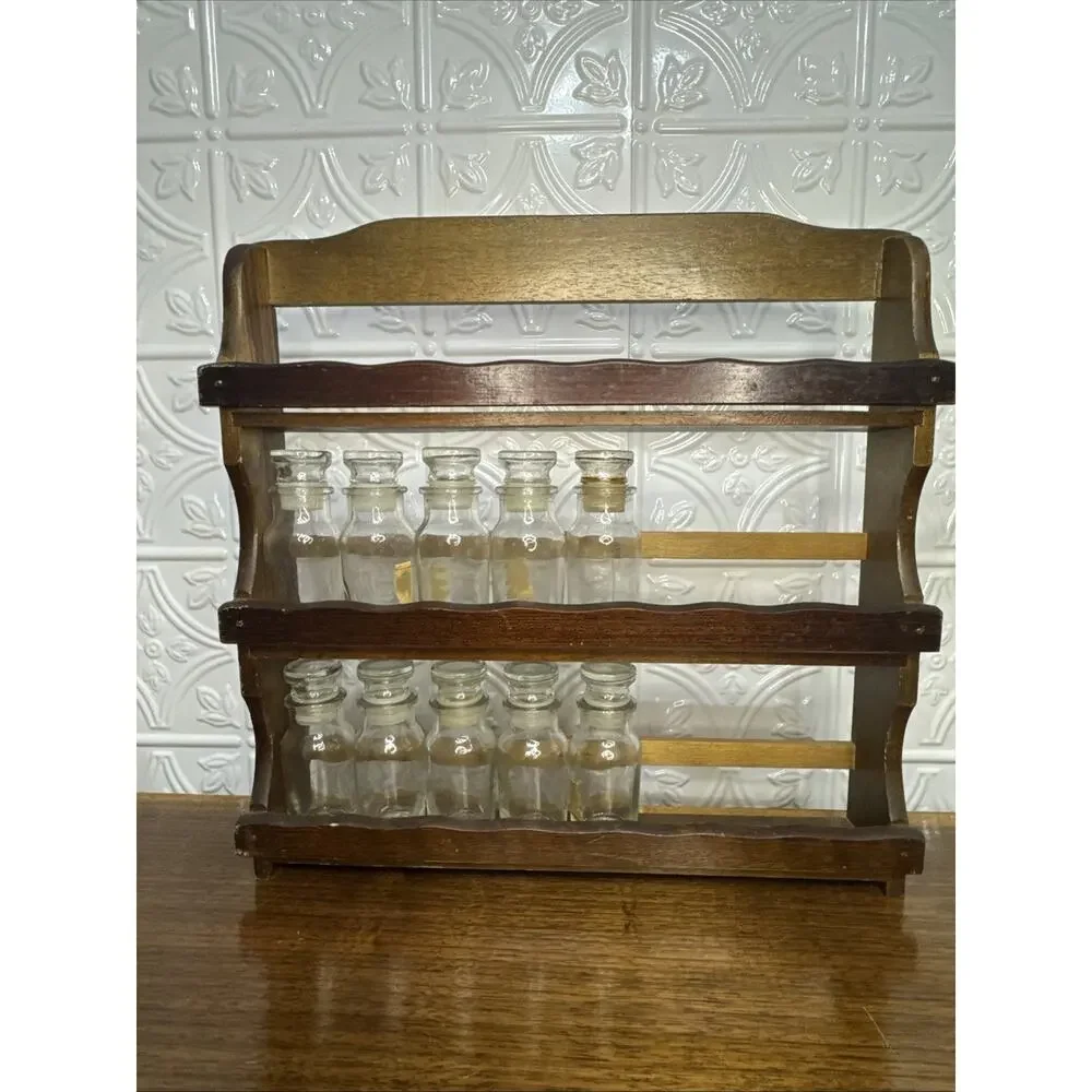 Vintage Wall Hanging Wooden Spice Rack With Glass Spice Jars